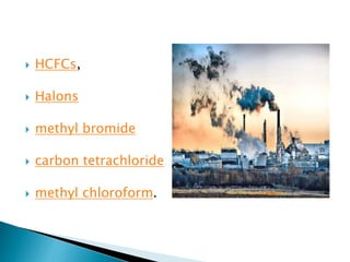  HCFCs,
 Halons
 methyl bromide
 carbon tetrachloride
 methyl chloroform.
 