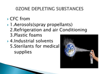  CFC from
 1.Aerosols(spray propellants)
2.Refrigeration and air Conditioning
3.Plastic foams
 4.Industrial solvents
5.Sterilants for medical
supplies
 