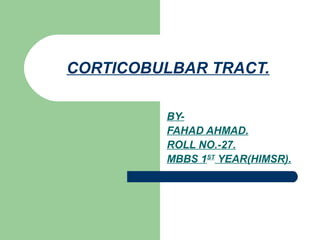 BY-
FAHAD AHMAD.
ROLL NO.-27.
MBBS 1ST
YEAR(HIMSR).
CORTICOBULBAR TRACT.
 