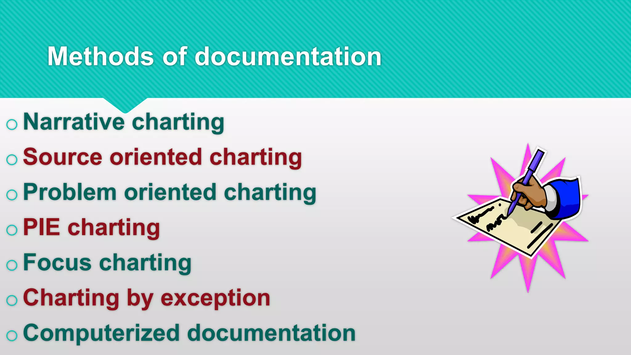 Methods of documentation
o Narrative charting
o Source oriented charting
o Problem oriented charting
o PIE charting
o Focus charting
oCharting by exception
o Computerized documentation
 