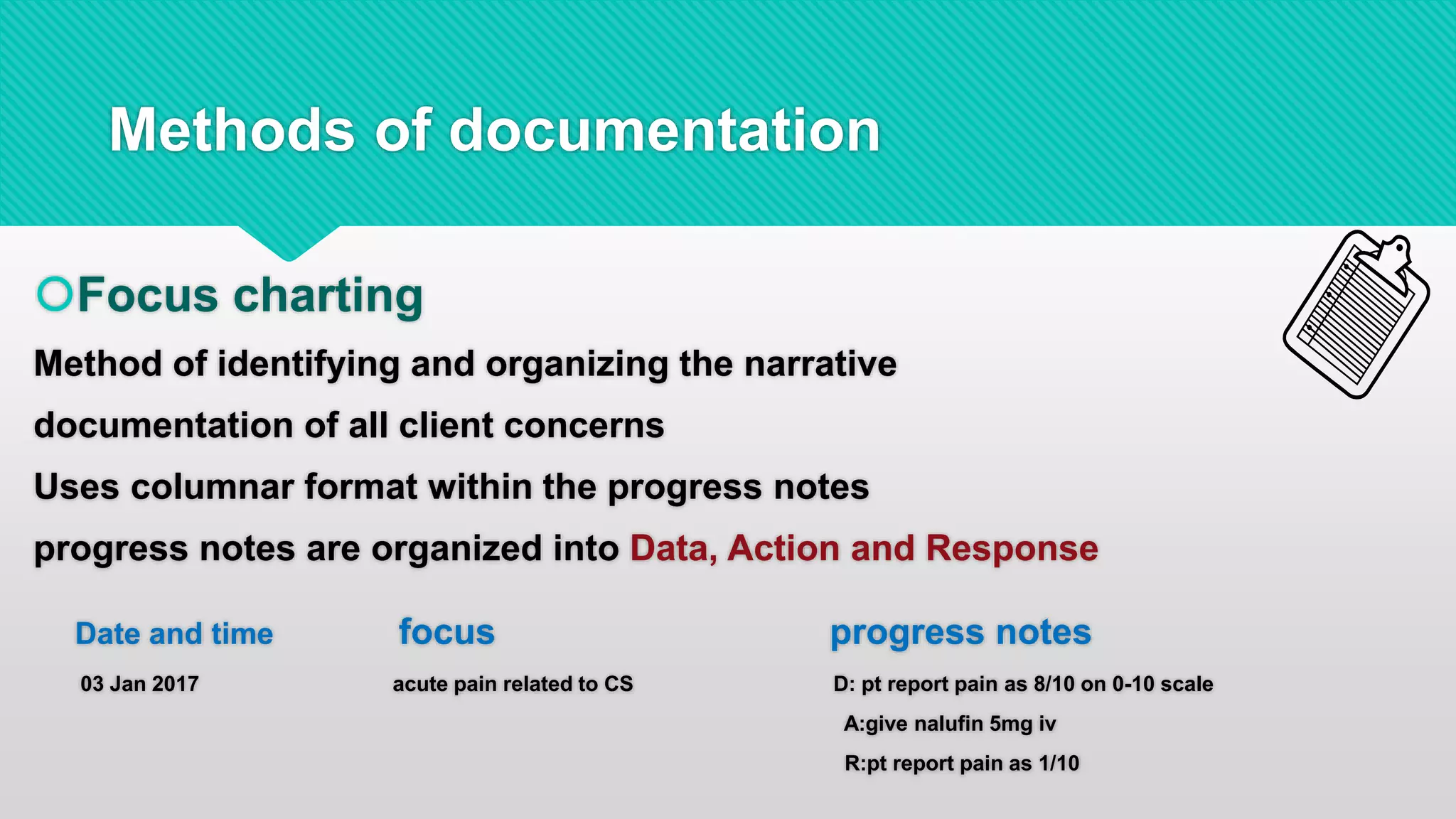 Methods of documentation
Focus charting
Method of identifying and organizing the narrative
documentation of all client concerns
Uses columnar format within the progress notes
progress notes are organized into Data, Action and Response
Date and time focus progress notes
03 Jan 2017 acute pain related to CS D: pt report pain as 8/10 on 0-10 scale
A:give nalufin 5mg iv
R:pt report pain as 1/10
 