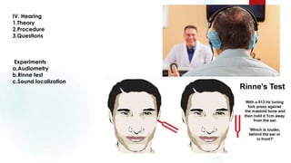 IV. Hearing
1.Theory
2.Procedure
3.Questions
Experiments
a.Audiometry
b.Rinne test
c.Sound localization
 