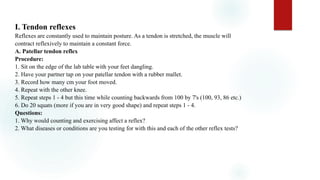 I. Tendon reflexes
Reflexes are constantly used to maintain posture. As a tendon is stretched, the muscle will
contract reflexively to maintain a constant force.
A. Patellar tendon reflex
Procedure:
1. Sit on the edge of the lab table with your feet dangling.
2. Have your partner tap on your patellar tendon with a rubber mallet.
3. Record how many cm your foot moved.
4. Repeat with the other knee.
5. Repeat steps 1 - 4 but this time while counting backwards from 100 by 7's (100, 93, 86 etc.)
6. Do 20 squats (more if you are in very good shape) and repeat steps 1 - 4.
Questions:
1. Why would counting and exercising affect a reflex?
2. What diseases or conditions are you testing for with this and each of the other reflex tests?
 