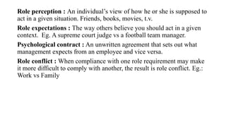 Role perception : An individual’s view of how he or she is supposed to
act in a given situation. Friends, books, movies, t.v.
Role expectations : The way others believe you should act in a given
context. Eg. A supreme court judge vs a football team manager.
Psychological contract : An unwritten agreement that sets out what
management expects from an employee and vice versa.
Role conflict : When compliance with one role requirement may make
it more difficult to comply with another, the result is role conflict. Eg.:
Work vs Family
 