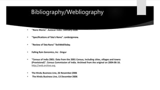 Bibliography/Webliography
• "Specifications of Tata's Nano". indiatimes.com. 2008-01-10.
• "Nano Mania". Autocar India. February 2008.
• "Specifications of Tata's Nano". cardesignnew.
• "Review of Tata Nano" TechWebToday.
• Falling Rain Genomics, Inc - Singur
• "Census of India 2001: Data from the 2001 Census, including cities, villages and towns
(Provisional)". Census Commission of India. Archived from the original on 2004-06-16.
http://web.archive.org.
• The Hindu Business Line, 26 November2006
• The Hindu Business Line, 13 December2006
 