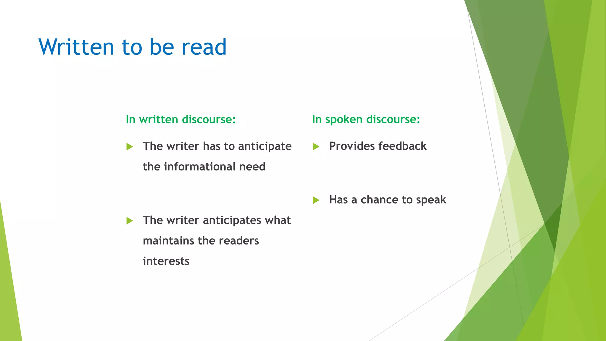Written to be read
In written discourse:
 The writer has to anticipate
the informational need
 The writer anticipates what
maintains the readers
interests
In spoken discourse:
 Provides feedback
 Has a chance to speak
 