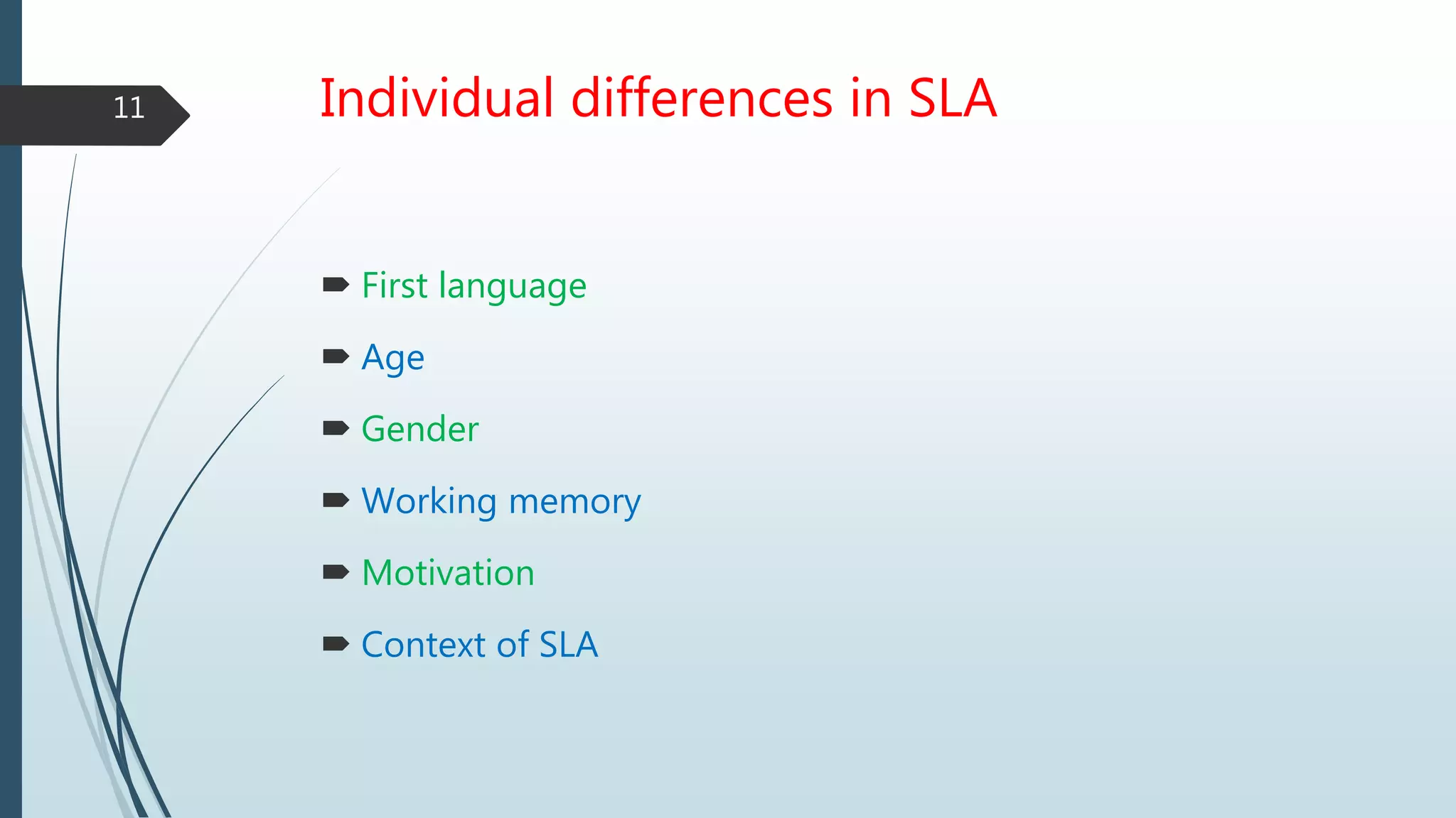Individual differences in SLA
 First language
 Age
 Gender
 Working memory
 Motivation
 Context of SLA
11
 