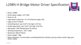 L298N H-Bridge Motor Driver Specification
• Driver: L298N
• Driver power supply: +5V~+46V
• Driver Io: 2A
• Logic power output Vss: +5~+7V (internal supply +5V)
• Logic current: 0~36mA
• Controlling level: Low -0.3V~1.5V, high: 2.3V~Vss
• Enable signal level: Low -0.3V~1.5V, high: 2.3V~Vss
• Max power: 25W (Temperature 75 celsius)
• Working temperature: -25C~+130C
• Dimension: 60mm*54mm
• Driver weight: ~48g
• Other extensions: current probe, controlling direction indicator, pull-up resistor switch, logic part
power supply.
1/28/2018 11
 