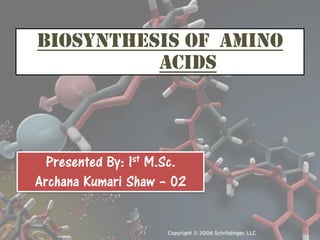 Presented By: 1st M.Sc.
Archana Kumari Shaw – 02
Biosynthesis of Amino
Acids
 