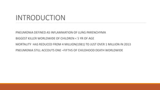 INTRODUCTION
PNEUMONIA DEFINED AS INFLAMMATION OF LUNG PARENCHYMA
BIGGEST KILLER WORLDWIDE OF CHILDREN < 5 YR OF AGE
MORTALITY HAS REDUCED FROM 4 MILLION(1981) TO JUST OVER 1 MILLION IN 2013
PNEUMONIA STILL ACCOUTS ONE –FIFTHS OF CHILDHOOD DEATH WORLDWIDE
 