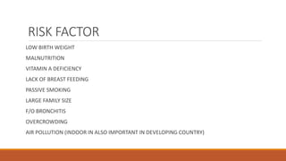RISK FACTOR
LOW BIRTH WEIGHT
MALNUTRITION
VITAMIN A DEFICIENCY
LACK OF BREAST FEEDING
PASSIVE SMOKING
LARGE FAMILY SIZE
F/O BRONCHITIS
OVERCROWDING
AIR POLLUTION (INDOOR IN ALSO IMPORTANT IN DEVELOPING COUNTRY)
 