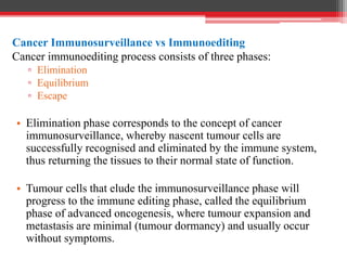 Cancer Immunosurveillance vs Immunoediting
Cancer immunoediting process consists of three phases:
▫ Elimination
▫ Equilibrium
▫ Escape
• Elimination phase corresponds to the concept of cancer
immunosurveillance, whereby nascent tumour cells are
successfully recognised and eliminated by the immune system,
thus returning the tissues to their normal state of function.
• Tumour cells that elude the immunosurveillance phase will
progress to the immune editing phase, called the equilibrium
phase of advanced oncogenesis, where tumour expansion and
metastasis are minimal (tumour dormancy) and usually occur
without symptoms.
 