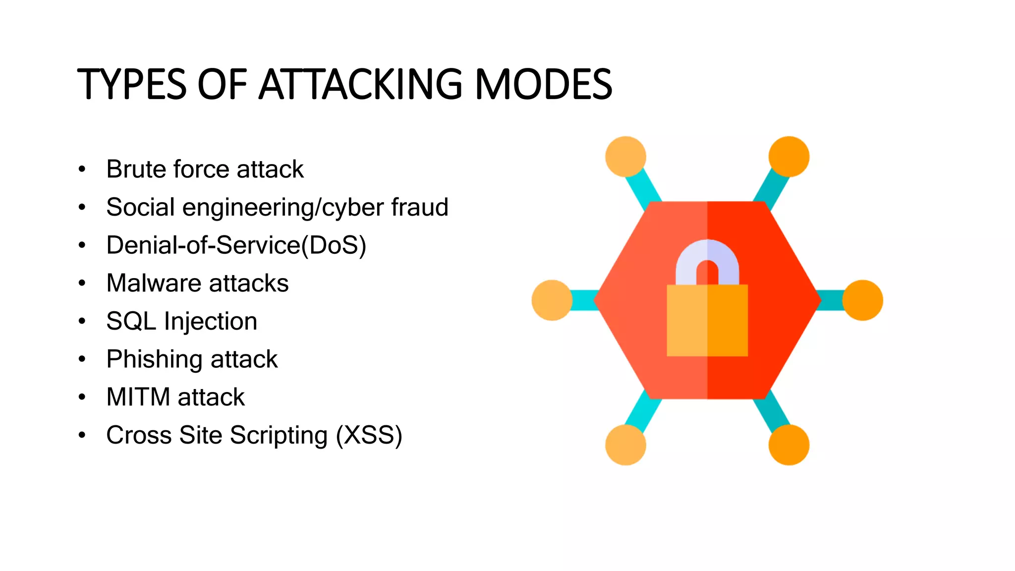 TYPES OF ATTACKING MODES
• Brute force attack
• Social engineering/cyber fraud
• Denial-of-Service(DoS)
• Malware attacks
• SQL Injection
• Phishing attack
• MITM attack
• Cross Site Scripting (XSS)
 