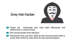 Grey-Hat Hacker
• These are individuals who work both offensively and
defensively at various times.
• We cannot predict their behavior.
• Sometimes they use their skills for the common good while in
some other times he uses them for their personal gains.
 