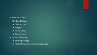  External Fraud
 Theft and Fraud.
 Theft/robbery.
 Forgery.
 Check kiting.
 Identity theft.
 Systems Security.
 Hacking damage.
 Theft of information (with monetary loss).
 