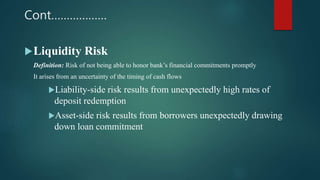 Cont………………
Liquidity Risk
Definition: Risk of not being able to honor bank’s financial commitments promptly
It arises from an uncertainty of the timing of cash flows
Liability-side risk results from unexpectedly high rates of
deposit redemption
Asset-side risk results from borrowers unexpectedly drawing
down loan commitment
 