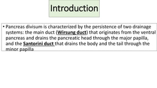 Introduction
• Pancreas divisum is characterized by the persistence of two drainage
systems: the main duct (Wirsung duct) that originates from the ventral
pancreas and drains the pancreatic head through the major papilla,
and the Santorini duct that drains the body and the tail through the
minor papilla
 
