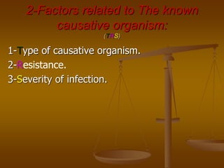 2-Factors related to The known
causative organism:
(TRS)
1-Type of causative organism.
2-Resistance.
3-Severity of infection.
 