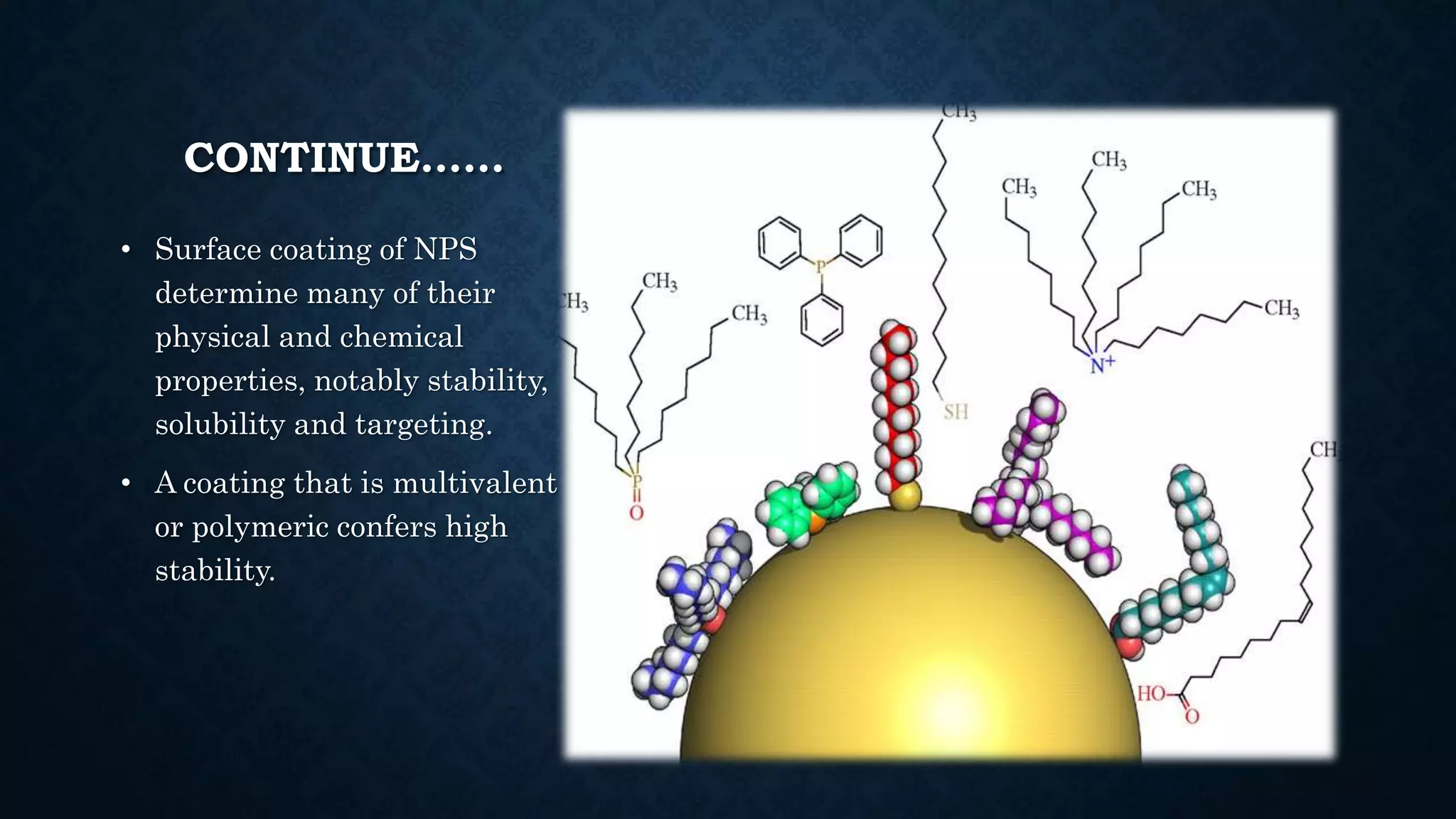 CONTINUE……
• Surface coating of NPS
determine many of their
physical and chemical
properties, notably stability,
solubility and targeting.
• A coating that is multivalent
or polymeric confers high
stability.
 