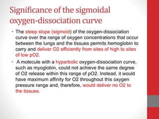 Significance of the sigmoidal
oxygen-dissociation curve
• The steep slope (sigmoid) of the oxygen-dissociation
curve over the range of oxygen concentrations that occur
between the lungs and the tissues permits hemoglobin to
carry and deliver O2 efficiently from sites of high to sites
of low pO2.
• A molecule with a hyperbolic oxygen-dissociation curve,
such as myoglobin, could not achieve the same degree
of O2 release within this range of pO2. Instead, it would
have maximum affinity for O2 throughout this oxygen
pressure range and, therefore, would deliver no O2 to
the tissues.
 