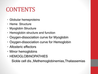 CONTENTS
• Globular hemeproteins
• Heme Structure
• Myoglobin Structure
• Hemoglobin structure and function
• Oxygen-dissociation curve for Myoglobin
• Oxygen-dissociation curve for Hemoglobin
• Allosteric effectors
• Minor hemoglobins
• HEMOGLOBINOPATHIES
Sickle cell dis.,Methemoglobinemias,Thalassemias
 
