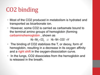 CO2 binding
• Most of the CO2 produced in metabolism is hydrated and
transported as bicarbonate ion.
• However, some CO2 is carried as carbamate bound to
the terminal amino groups of hemoglobin (forming
carbaminohemoglobin , shown as
• The binding of CO2 stabilizes the T, or deoxy, form of
hemoglobin, resulting in a decrease in its oxygen affinity
and a right shift in the oxygen-dissociation curve.
• In the lungs, CO2 dissociates from the hemoglobin and
is released in the breath.
 