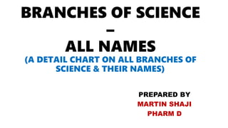 BRANCHES OF SCIENCE
–
ALL NAMES
(A DETAIL CHART ON ALL BRANCHES OF
SCIENCE & THEIR NAMES)
PREPARED BY
MARTIN SHAJI
PHARM D
 