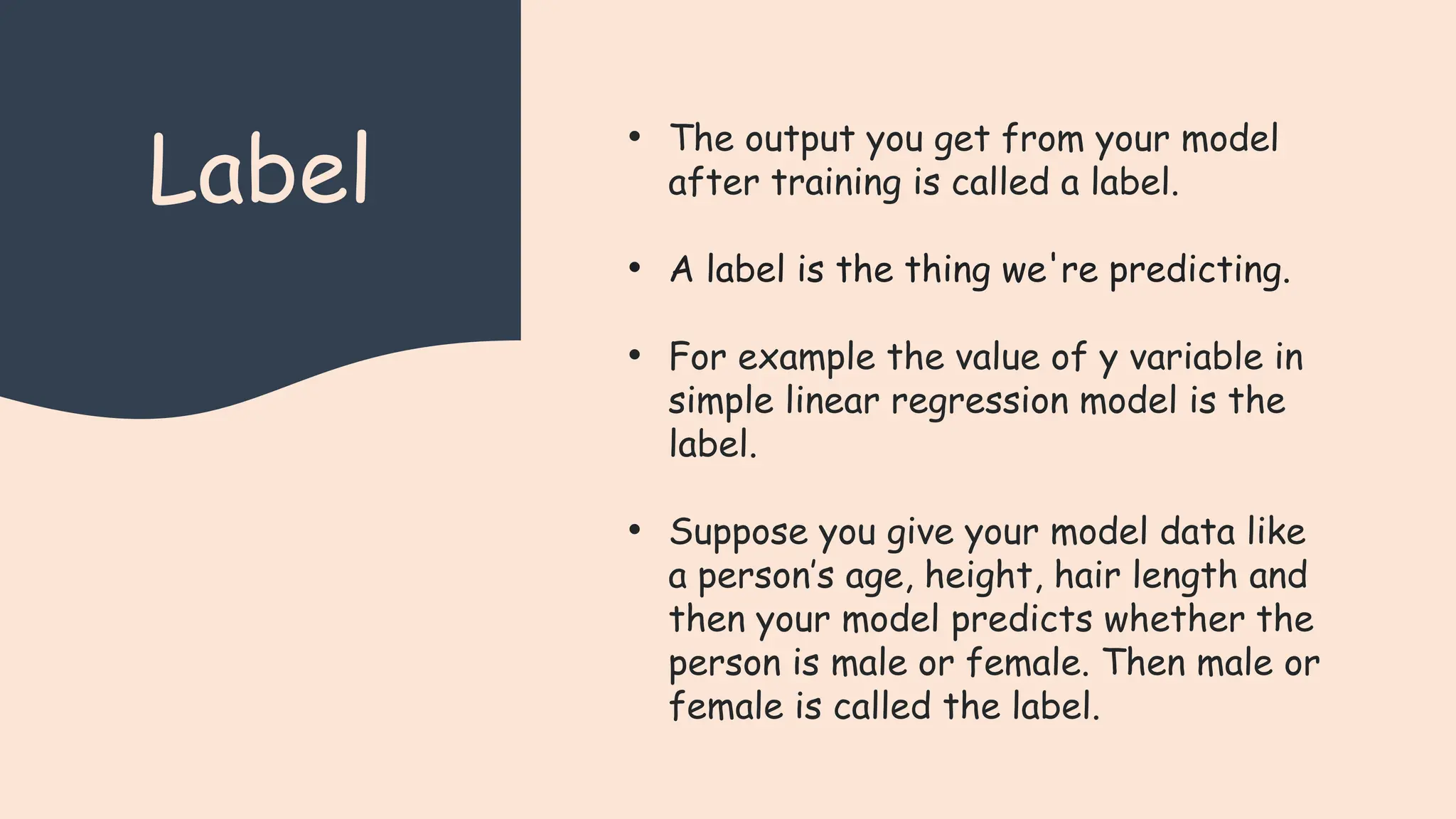 Label
• The output you get from your model
after training is called a label.
• A label is the thing we're predicting.
• For example the value of y variable in
simple linear regression model is the
label.
• Suppose you give your model data like
a person’s age, height, hair length and
then your model predicts whether the
person is male or female. Then male or
female is called the label.
 
