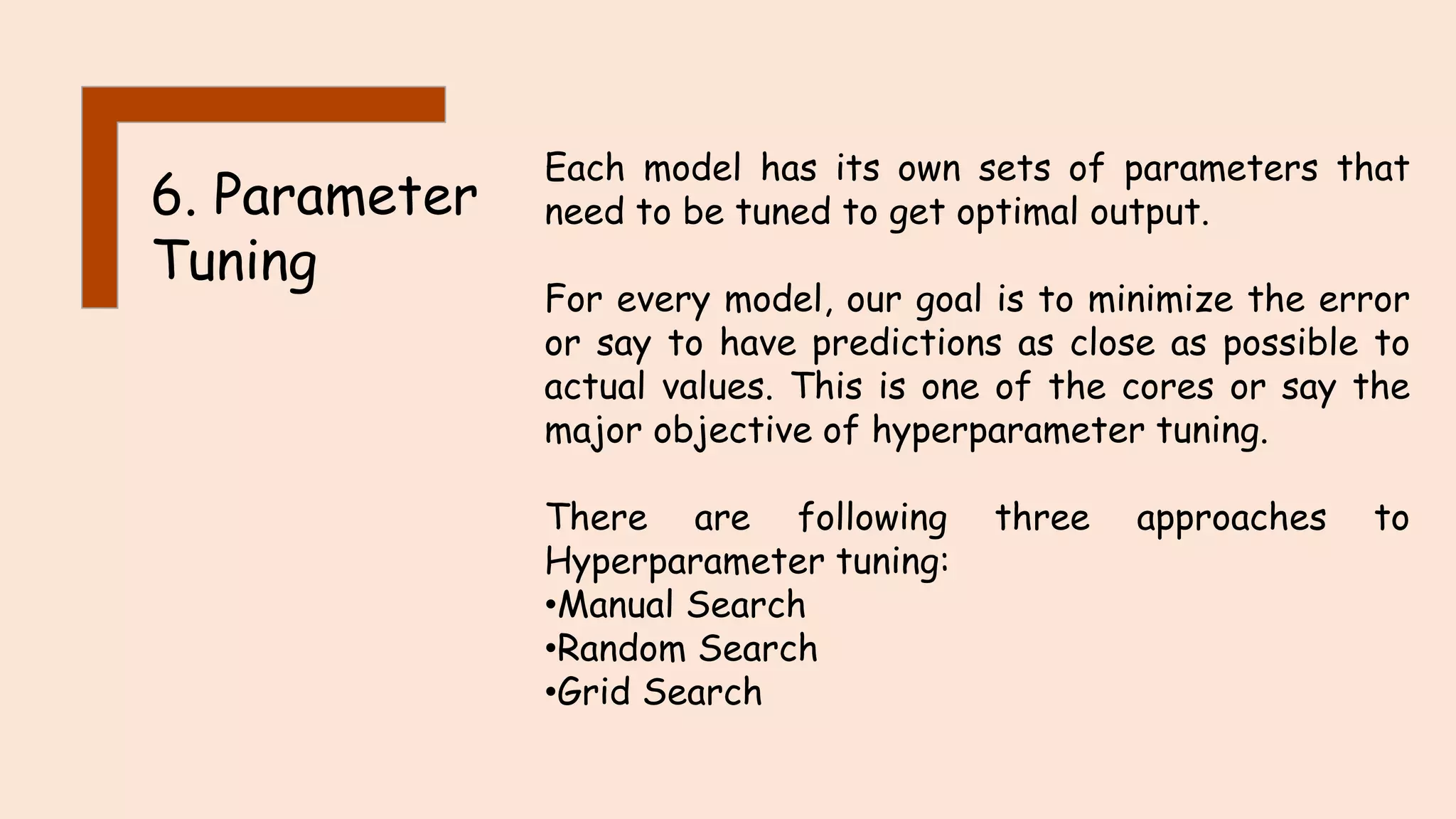 6. Parameter Tuning Each model has its own sets of parameters that need to be tuned to get optimal output. For every model, our goal is to minimize the error or say to have predictions as close as possible to actual values. This is one of the cores or say the major objective of hyperparameter tuning. There are following three approaches to Hyperparameter tuning: •Manual Search •Random Search •Grid Search 