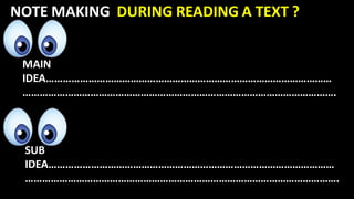 NOTE MAKING DURING READING A TEXT ?
MAIN
IDEA…………………………………………………………………………………………
………………………………………………………………………………………………….
SUB
IDEA…………………………………………………………………………………………
………………………………………………………………………………………………….
 
