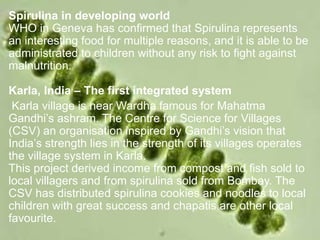 Spirulina in developing world
WHO in Geneva has confirmed that Spirulina represents
an interesting food for multiple reasons, and it is able to be
administrated to children without any risk to fight against
malnutrition.
Karla, India – The first integrated system
Karla village is near Wardha famous for Mahatma
Gandhi’s ashram. The Centre for Science for Villages
(CSV) an organisation inspired by Gandhi’s vision that
India’s strength lies in the strength of its villages operates
the village system in Karla.
This project derived income from compost and fish sold to
local villagers and from spirulina sold from Bombay. The
CSV has distributed spirulina cookies and noodles to local
children with great success and chapatis are other local
favourite.
 