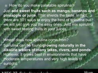  How do you make palatable spirulina?
Just add sweet fruits such as mango, bananas and
pineapple or juice. That shields the taste. In fact,
there are 101 ways to enjoy the best of spirulina but
we will just give you the easy ones. Just mix spirulina
with sweet tasting fruits in your juices
Where does now spirulina come from?
Spirulina can be found growing naturally in the
alkaline waters of many lakes, rivers, and ponds.
However, it grows best in environments that have
moderate temperatures and very high levels of
sunlight.
 