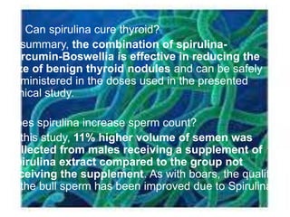  Can spirulina cure thyroid?
In summary, the combination of spirulina-
curcumin-Boswellia is effective in reducing the
size of benign thyroid nodules and can be safely
administered in the doses used in the presented
clinical study.
Does spirulina increase sperm count?
In this study, 11% higher volume of semen was
collected from males receiving a supplement of
Spirulina extract compared to the group not
receiving the supplement. As with boars, the quality
of the bull sperm has been improved due to Spirulina.
 