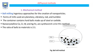 A)Physical methods
1. Mechanical method
 Ball milling Ingenious approaches for the creation of nanoparticles.
 Forms of mills used are planetary, vibratory, rod, and tumbler.
 The container contains hard balls made up of steel or carbide.
 Nanocrystalline Co, Cr, W, and Ag-Fe, are synthesized using this method.
 The ratio of balls to materials is 2:1.
Fig. Ball mill method
 