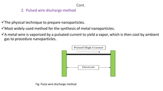 Cont.
2. Pulsed wire discharge method
The physical technique to prepare nanoparticles.
Most widely used method for the synthesis of metal nanoparticles.
A metal wire is vaporized by a pulsated current to yield a vapor, which is then cool by ambient
gas to procedure nanoparticles.
Fig: Pulse wire discharge method
 