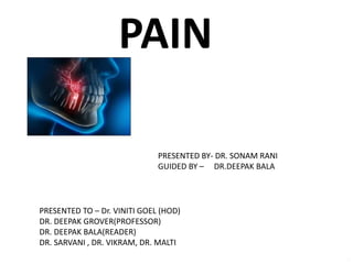 PAIN
.
PRESENTED BY- DR. SONAM RANI
GUIDED BY – DR.DEEPAK BALA
PRESENTED TO – Dr. VINITI GOEL (HOD)
DR. DEEPAK GROVER(PROFESSOR)
DR. DEEPAK BALA(READER)
DR. SARVANI , DR. VIKRAM, DR. MALTI
 
