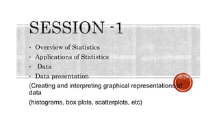 • Overview of Statistics
• Applications of Statistics
• Data
• Data presentation
(Creating and interpreting graphical representations of
data
(histograms, box plots, scatterplots, etc)