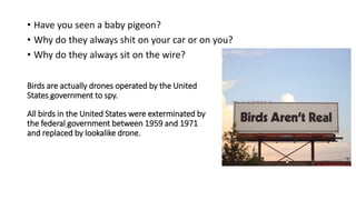 Birds are actually drones operated by the United
States government to spy.
All birds in the United States were exterminated by
the federal government between 1959 and 1971
and replaced by lookalike drone.
• Have you seen a baby pigeon?
• Why do they always shit on your car or on you?
• Why do they always sit on the wire?
 