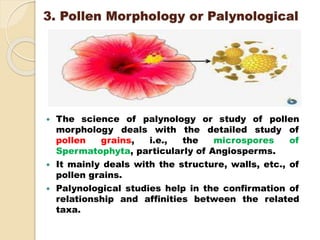 3. Pollen Morphology or Palynological
 The science of palynology or study of pollen
morphology deals with the detailed study of
pollen grains, i.e., the microspores of
Spermatophyta, particularly of Angiosperms.
 It mainly deals with the structure, walls, etc., of
pollen grains.
 Palynological studies help in the confirmation of
relationship and affinities between the related
taxa.
 
