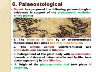 6. Palaeontological
 Darrah has proposed the following palaeontological
evidences in support of the phylogenetic evolution
of the plants:
 1. The invasion of land by an undifferentiated
thalloid plant took place not later than Silurian.
 2. The simple upright undifferentiated and
protostelic axis formed in Silurian.
 3. Enlargement of the plant body with specialization
towards a division of labour-sterile and fertile, took
place apparently in late Silurian.
 4. Origin of the photosynthetic leaf took place in
Devonian.
 