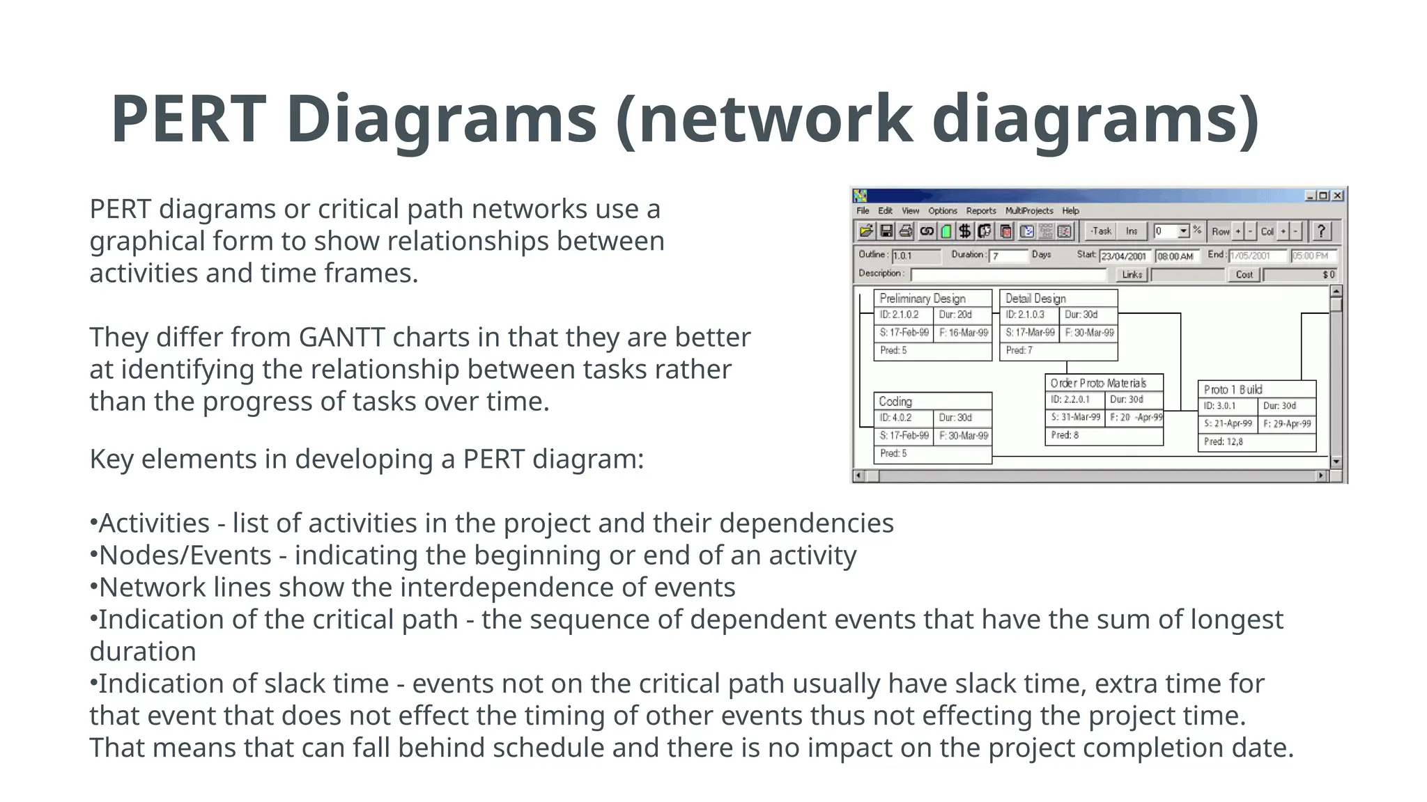 PERT Diagrams (network diagrams)
PERT diagrams or critical path networks use a
graphical form to show relationships between
activities and time frames.
They differ from GANTT charts in that they are better
at identifying the relationship between tasks rather
than the progress of tasks over time.
Key elements in developing a PERT diagram:
•Activities - list of activities in the project and their dependencies
•Nodes/Events - indicating the beginning or end of an activity
•Network lines show the interdependence of events
•Indication of the critical path - the sequence of dependent events that have the sum of longest
duration
•Indication of slack time - events not on the critical path usually have slack time, extra time for
that event that does not effect the timing of other events thus not effecting the project time.
That means that can fall behind schedule and there is no impact on the project completion date.
 