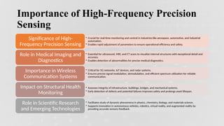 7
Importance of High-Frequency Precision
Sensing
• Crucial for real-time monitoring and control in industries like aerospace, automotive, and industrial
automation.
• Enables rapid adjustment of parameters to ensure operational efficiency and safety.
Significance of High-
Frequency Precision Sensing
• Essential for ultrasound, MRI, and CT scans to visualize internal structures with exceptional detail and
accuracy.
• Enables detection of abnormalities for precise medical diagnostics.
Role in Medical Imaging and
Diagnostics
• Critical for 5G networks, IoT devices, and radar systems.
• Ensures precise signal modulation, demodulation, and efficient spectrum utilization for reliable
communication.
Importance in Wireless
Communication Systems
• Assesses integrity of infrastructure, buildings, bridges, and mechanical systems.
• Early detection of defects and potential failures improves safety and prolongs asset lifespan.
Impact on Structural Health
Monitoring
• Facilitates study of dynamic phenomena in physics, chemistry, biology, and materials science.
• Supports innovation in autonomous vehicles, robotics, virtual reality, and augmented reality by
providing accurate sensory feedback.
Role in Scientific Research
and Emerging Technologies
 