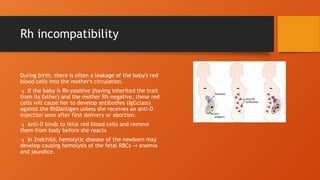 Rh incompatibility
During birth, there is often a leakage of the baby's red
blood cells into the mother's circulation.
 If the baby is Rh-positive (having inherited the trait
from its father) and the mother Rh-negative, these red
cells will cause her to develop antibodies (IgGclass)
against the RhDantigen unless she receives an anti-D
injection soon after first delivery or abortion.
 Anti-D binds to fetal red blood cells and remove
them from body before she reacts
 In 2ndchild, hemolytic disease of the newborn may
develop causing hemolysis of the fetal RBCs anemia
→
and jaundice.
 