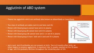 Agglutinin of ABO system
• Plasma has agglutinin which are antibody also kmown as alloantibody or isoantibody
• Two class of antibody are alpha (anti A) and beta (anti B)
• Person with blood group A cannot have anti A in plasma
• Person with blood group B cannot have anti B in plasma
• Person with blood group AB cannot have anti A or anti B in plasma
• Person with blood group O have both anti A and anti B in plasma
• Anti-A and Anti-B antibodies are not present at birth. Two to 8 months after birth, an
infant begins to produce agglutinins. A maximum titer is usually reached at 8 to 10 years
of age, and this gradually declines throughout the remaining years of life
 