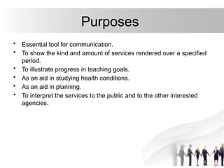 Purposes
• Essential tool for communication.
• To show the kind and amount of services rendered over a specified
period.
• To illustrate progress in teaching goals.
• As an aid in studying health conditions.
• As an aid in planning.
• To interpret the services to the public and to the other interested
agencies.
 