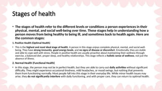 Stages of health
• The stages of health refer to the different levels or conditions a person experiences in their
physical, mental, and social well-being over time. These stages help in understanding how a
person moves from being healthy to being ill, and sometimes back to health again. Here are
the common stages:
1. Positive Health (Optimal Health)
• This is the highest and most ideal stage of health. A person in this stage enjoys complete physical, mental, and social well-
being. They have strong immunity, good energy levels, and no signs of disease or discomfort. Emotionally, they are stable
and able to cope well with stress. People in positive health are usually proactive about maintaining their wellness through
exercise, a balanced diet, proper sleep, and healthy relationships. This stage reflects a holistic sense of wellness, not just the
absence of illness.
2. Normal Health (Functional Health)
• In this stage, the person may not be in perfect health, but they are able to carry out daily activities without significant
difficulty. They might experience occasional tiredness, mild headaches, or mood swings, but nothing that prevents
them from functioning normally. Most people fall into this stage in their everyday life. While minor health issues may
arise, they do not significantly interfere with daily functioning, and with proper care, they can return to optimal health.
 