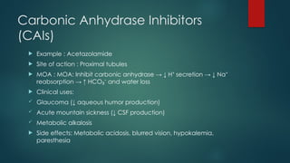 Carbonic Anhydrase Inhibitors
(CAIs)
 Example : Acetazolamide
 Site of action : Proximal tubules
 MOA : MOA: Inhibit carbonic anhydrase → ↓ H secretion → ↓ Na
⁺ ⁺
reabsorption → ↑ HCO and water loss
₃⁻
 Clinical uses:
 Glaucoma (↓ aqueous humor production)
 Acute mountain sickness (↓ CSF production)
 Metabolic alkalosis
 Side effects: Metabolic acidosis, blurred vision, hypokalemia,
paresthesia
 