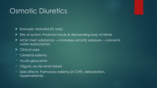 Osmotic Diuretics
 Example: Mannitol (IV only)
 Site of action: Proximal tubule & descending loop of Henle
 MOA: Inert substance → increases osmotic pressure → prevents
water reabsorption
 Clinical uses:
 Cerebral edema
 Acute glaucoma
 Oliguric acute renal failure
 Side effects: Pulmonary edema (in CHF), dehydration,
hypernatremia
 