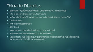 Thiazide Diuretics
 Examples: Hydrochlorothiazide, Chlorthalidone, Indapamide
 Site of action: Distal convoluted tubule
 MOA: Inhibit Na -Cl symporter → moderate diuresis → retain Ca²
⁺ ⁻ ⁺
 Clinical uses:
 First-line in hypertension
 CHF (mild)
 Nephrogenic diabetes insipidus (↓ urine volume)
 Prevention of kidney stones (↓ Ca² excretion)
⁺
 Side effects: Hypokalemia, hyponatremia, hyperglycemia, hyperlipidemia,
hyperuricemia (gout), hypercalcemia
 