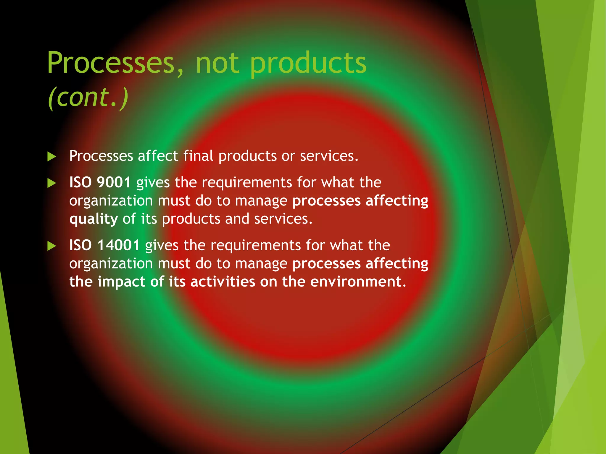 Processes, not products
(cont.)
 Processes affect final products or services.
 ISO 9001 gives the requirements for what the
organization must do to manage processes affecting
quality of its products and services.
 ISO 14001 gives the requirements for what the
organization must do to manage processes affecting
the impact of its activities on the environment.
 